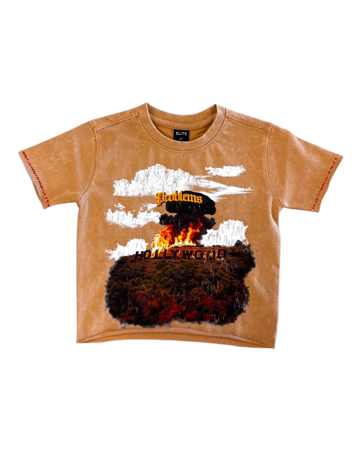 Children's t-shirt with a graphic design of hollywood on fire and smoke on a white background.