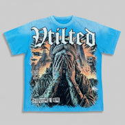 Blue t-shirt with graphic design and text on a gray background