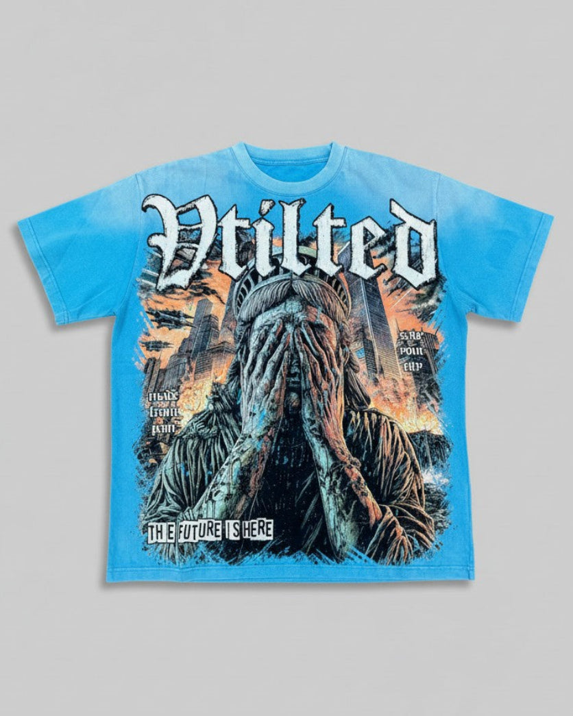 Blue t-shirt with graphic design and text on a gray background