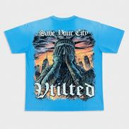 Blue t-shirt with graphic design and text on a white background