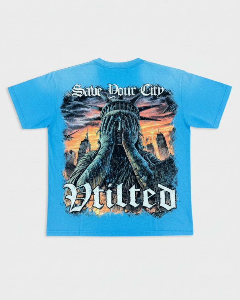 Blue t-shirt with graphic design and text on a white background