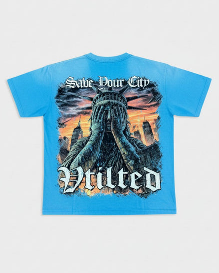 Blue t-shirt with graphic design and text on a white background