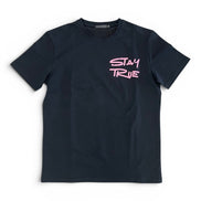 Black t-shirt with pink 'Stay True' text on a white background