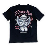 Black t-shirt with angel graphic and text on a white background