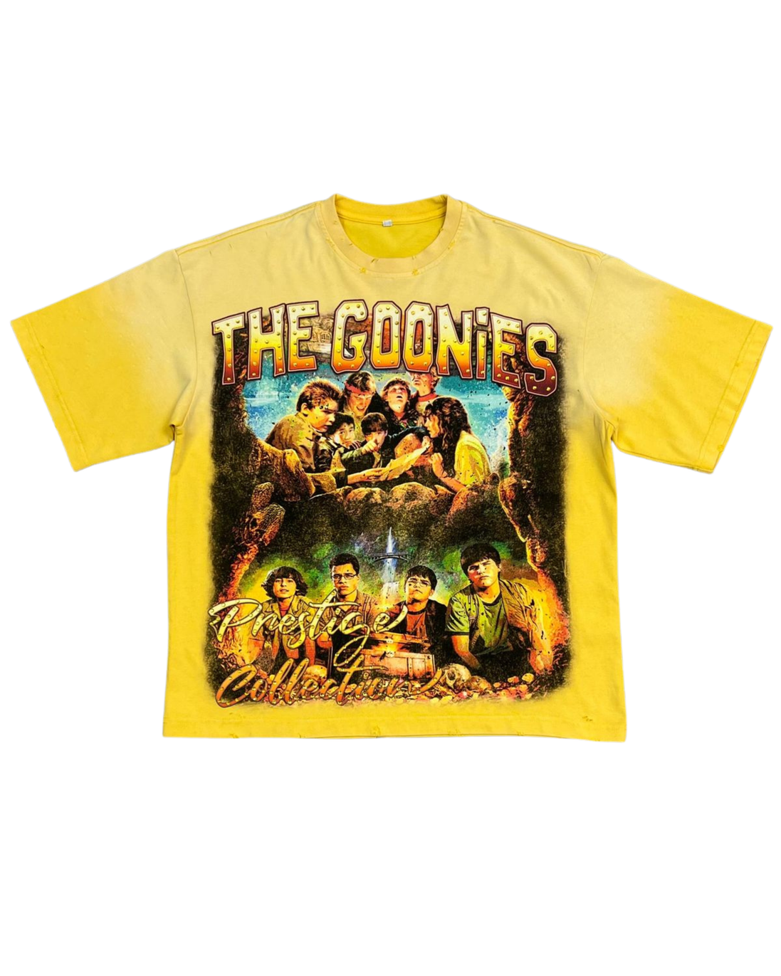 Yellow t-shirt with 'The Goonies' graphic design on a white background