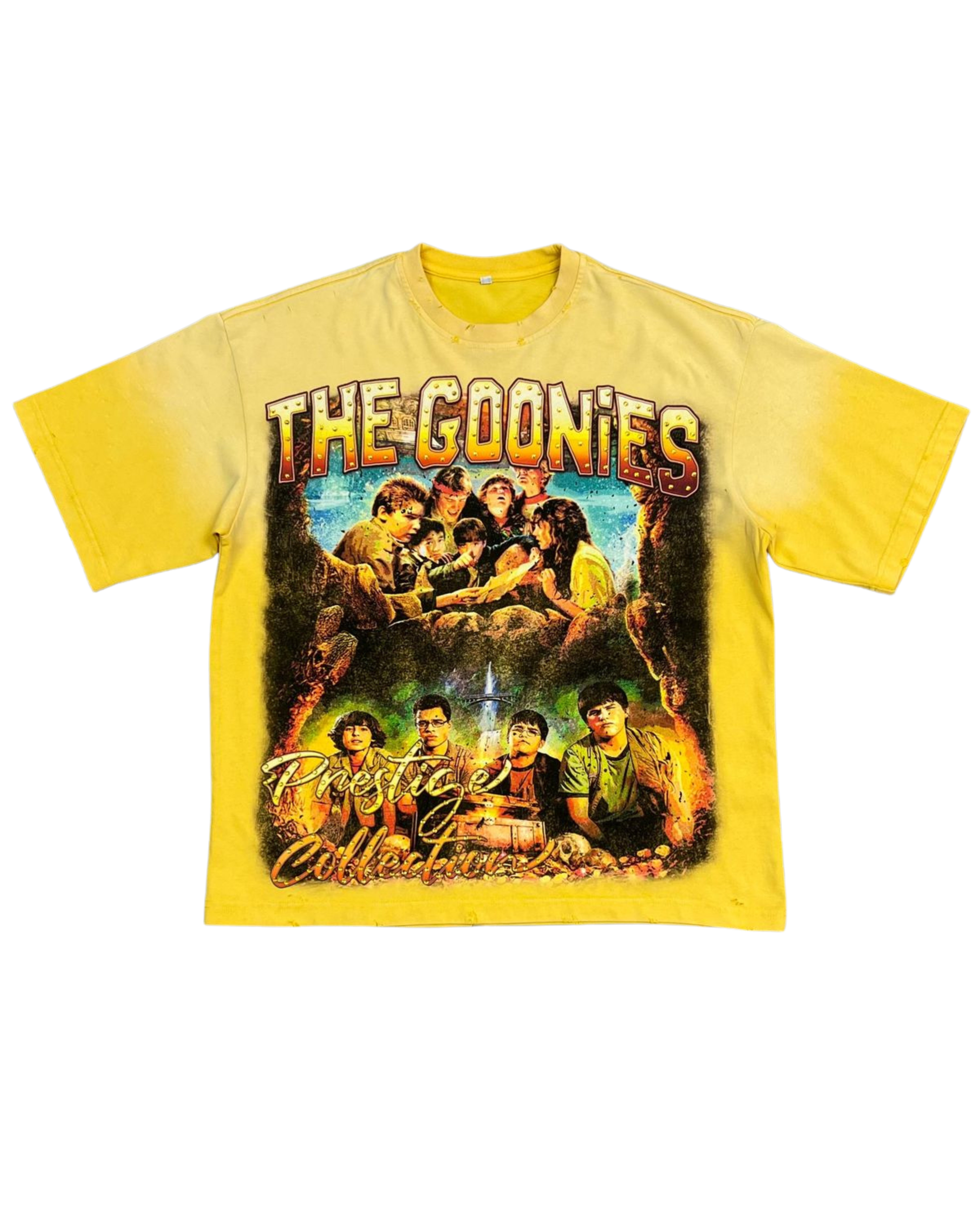 Yellow t-shirt with 'The Goonies' graphic design on a white background
