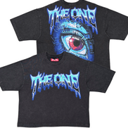 Black t-shirt with eye design and 'The One' text on a white background
