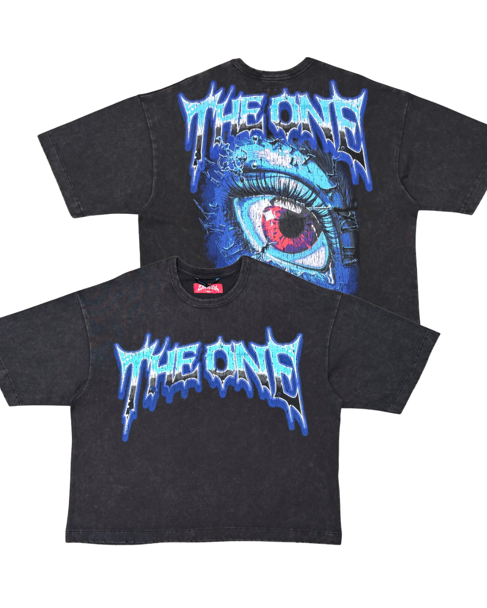 Black t-shirt with eye design and 'The One' text on a white background