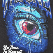 Black t-shirt with a blue and red eye design and text on a dark background