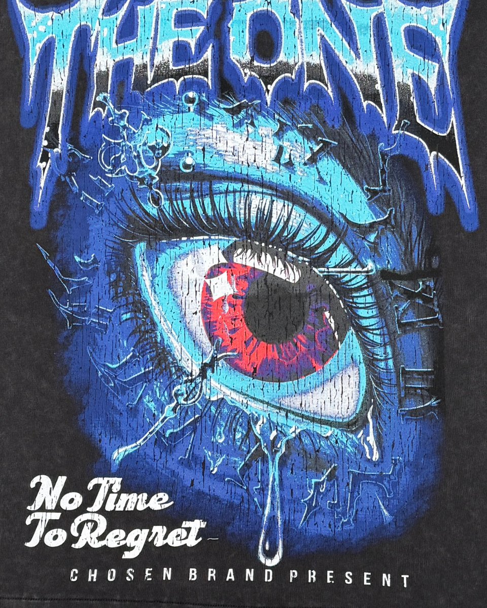 Black t-shirt with a blue and red eye design and text on a dark background