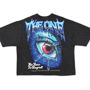 Black t-shirt with a colorful eye design and text on a white background