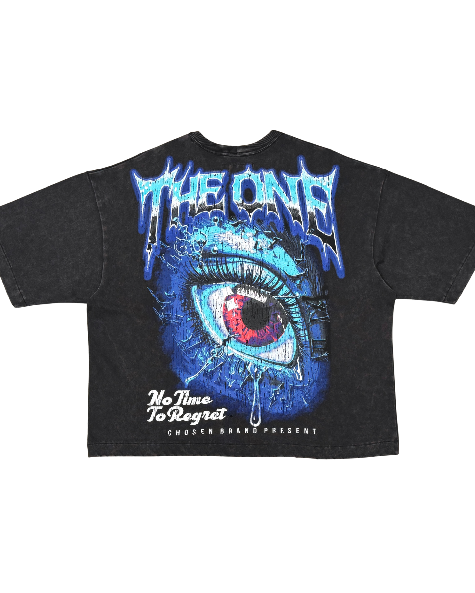 Black t-shirt with a colorful eye design and text on a white background