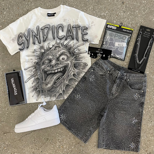 WHITE TEE WITH GREY RHINESTONE SHORTS WITH SHOES AND ACCESSORIES