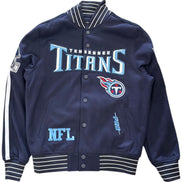 Navy blue jacket with 'Tennessee Titans' and NFL logos on a white background