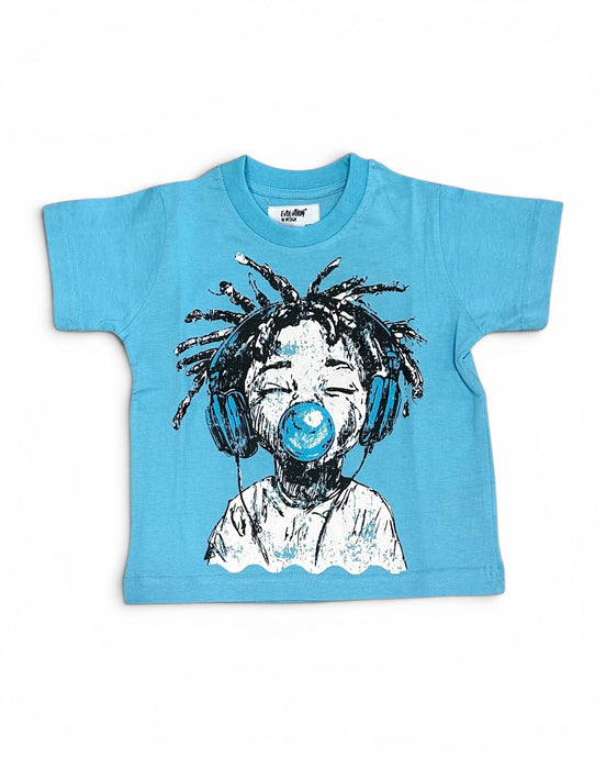 A light blue short-sleeve kids' t-shirt featuring a graphic illustration of a child with dreadlocks, headphones, and a blue bubblegum bubble on the front.