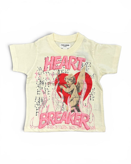 A cream-colored short-sleeve graphic t-shirt featuring a red heart, cherub illustration, and the words 'HEART BREAKER' in pink distressed lettering.