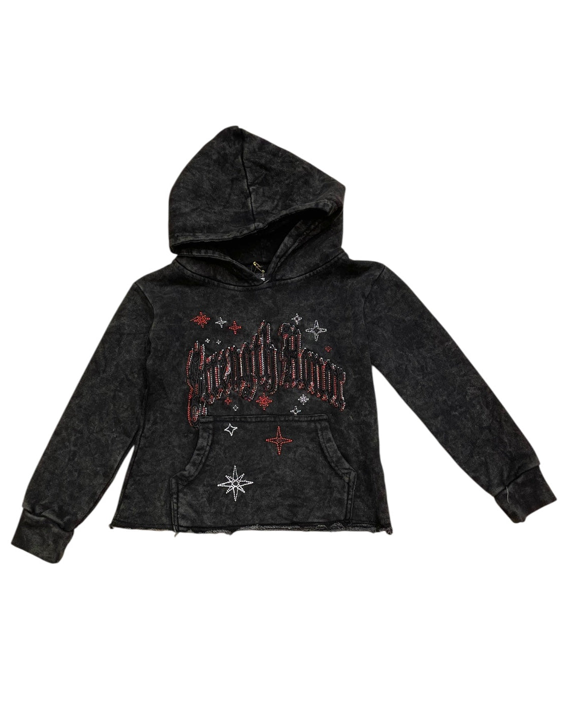 Black hoodie with red and white text and designs on a white background