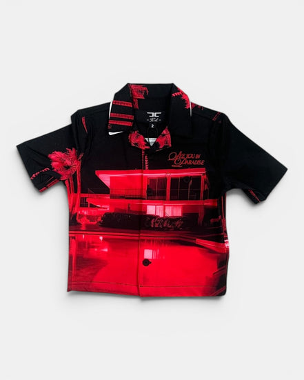 Black and red shirt with graphic design on a white background