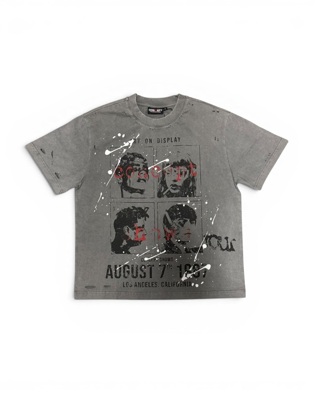 Gray t-shirt with graphic design on a white background