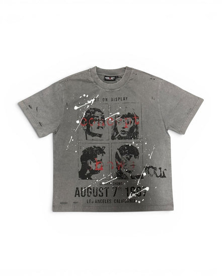 Gray t-shirt with graphic design on a white background