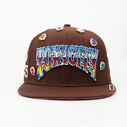Brown cap with colorful 'TOXICITY' text and decorative elements on a white background
