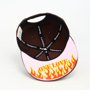 Cap with flame design and 'TOXICITY' branding on a white background