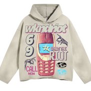 Beige hoodie with graphic design on a white background