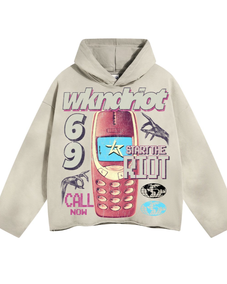Beige hoodie with graphic design on a white background