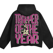 Black hoodie with 'Trapper of the Year' text on the back against a white background