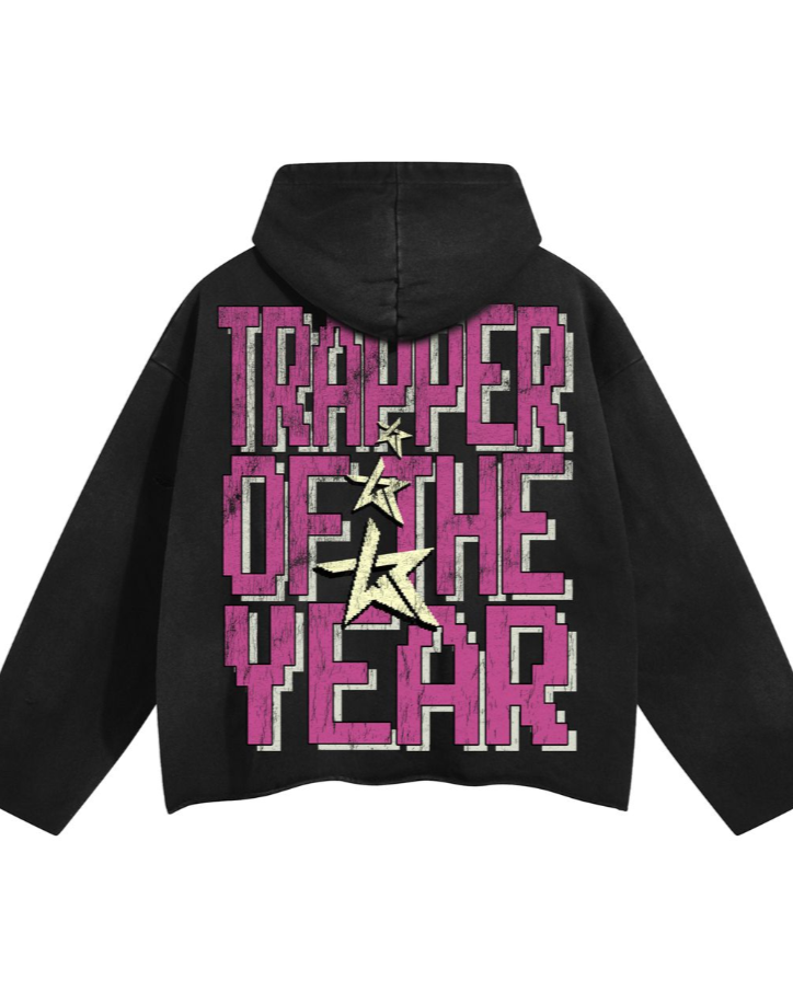 Black hoodie with 'Trapper of the Year' text on the back against a white background