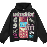 Black hoodie with colorful graphic design on a white background