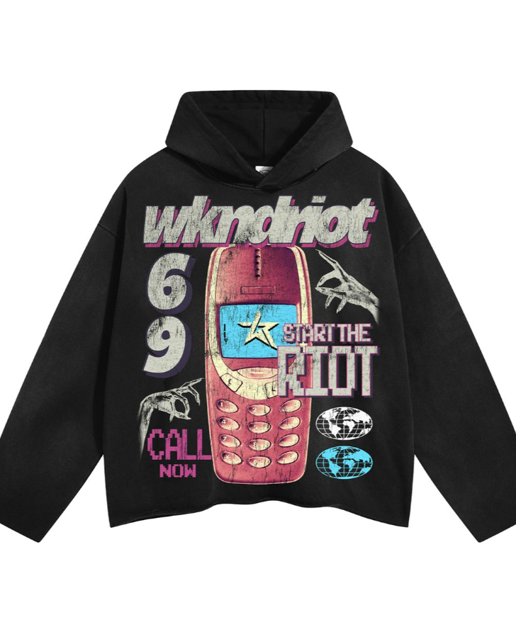 Black hoodie with colorful graphic design on a white background