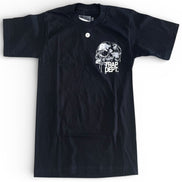 Black t-shirt with a white graphic design on a white background