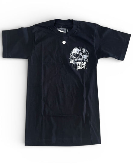 Black t-shirt with a white graphic design on a white background