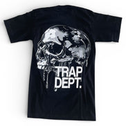 Black t-shirt with a skull design and 'TRAP DEPT.' text on a white background