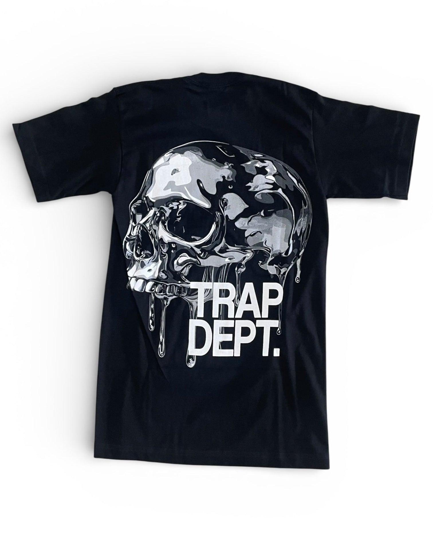 Black t-shirt with a skull design and 'TRAP DEPT.' text on a white background