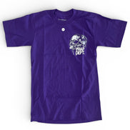 Purple t-shirt with graphic design and text on a white background
