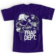Purple t-shirt with a skull design and 'TRAP DEPT.' text on a white background