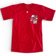 Red t-shirt with a graphic design on a white background
