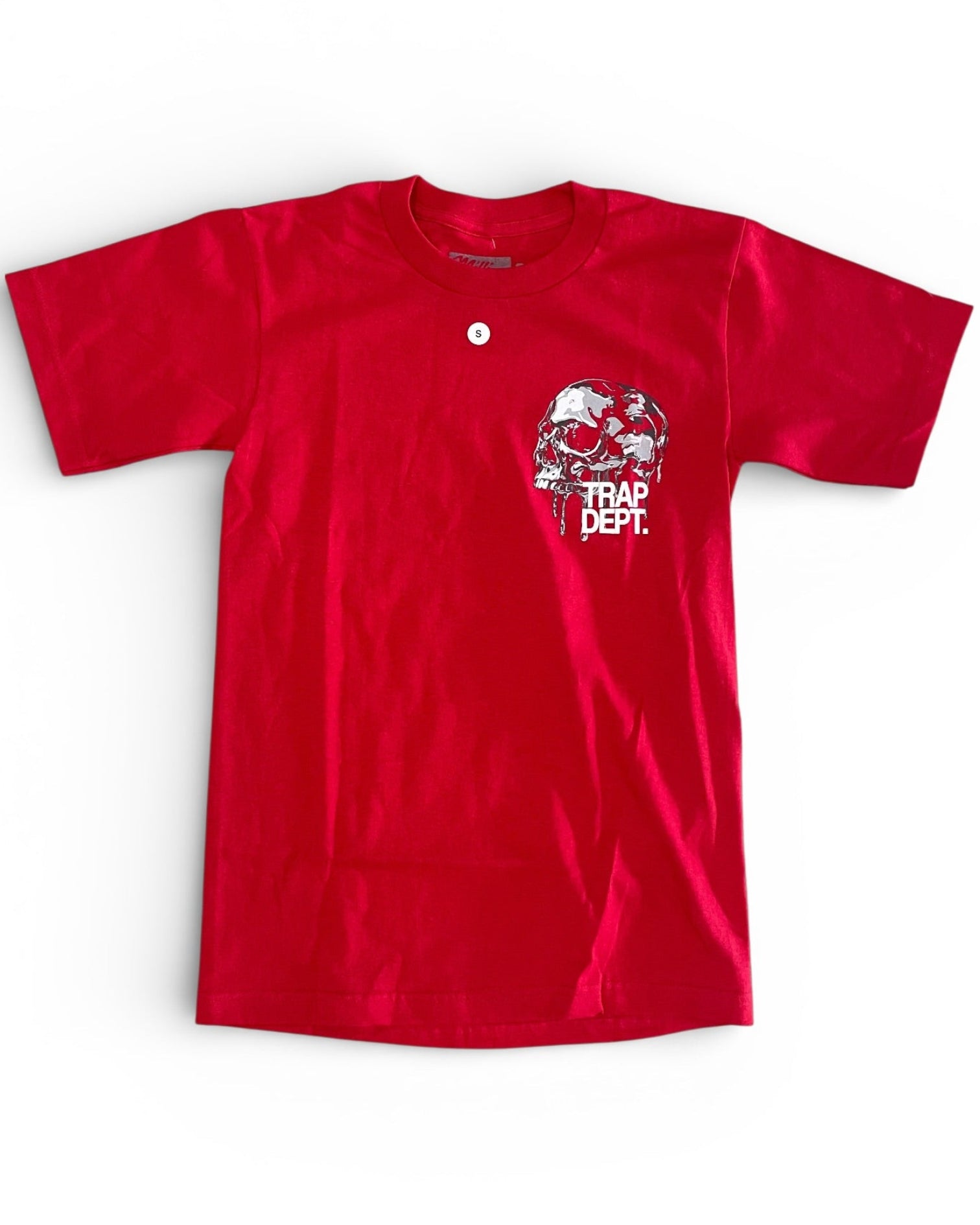 Red t-shirt with a graphic design on a white background
