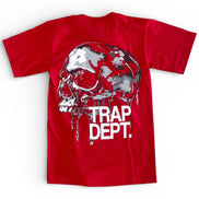 Red t-shirt with a graphic design and 'TRAP DEPT.' text on a white background