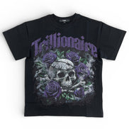 Black t-shirt with skull and roses design on a white background