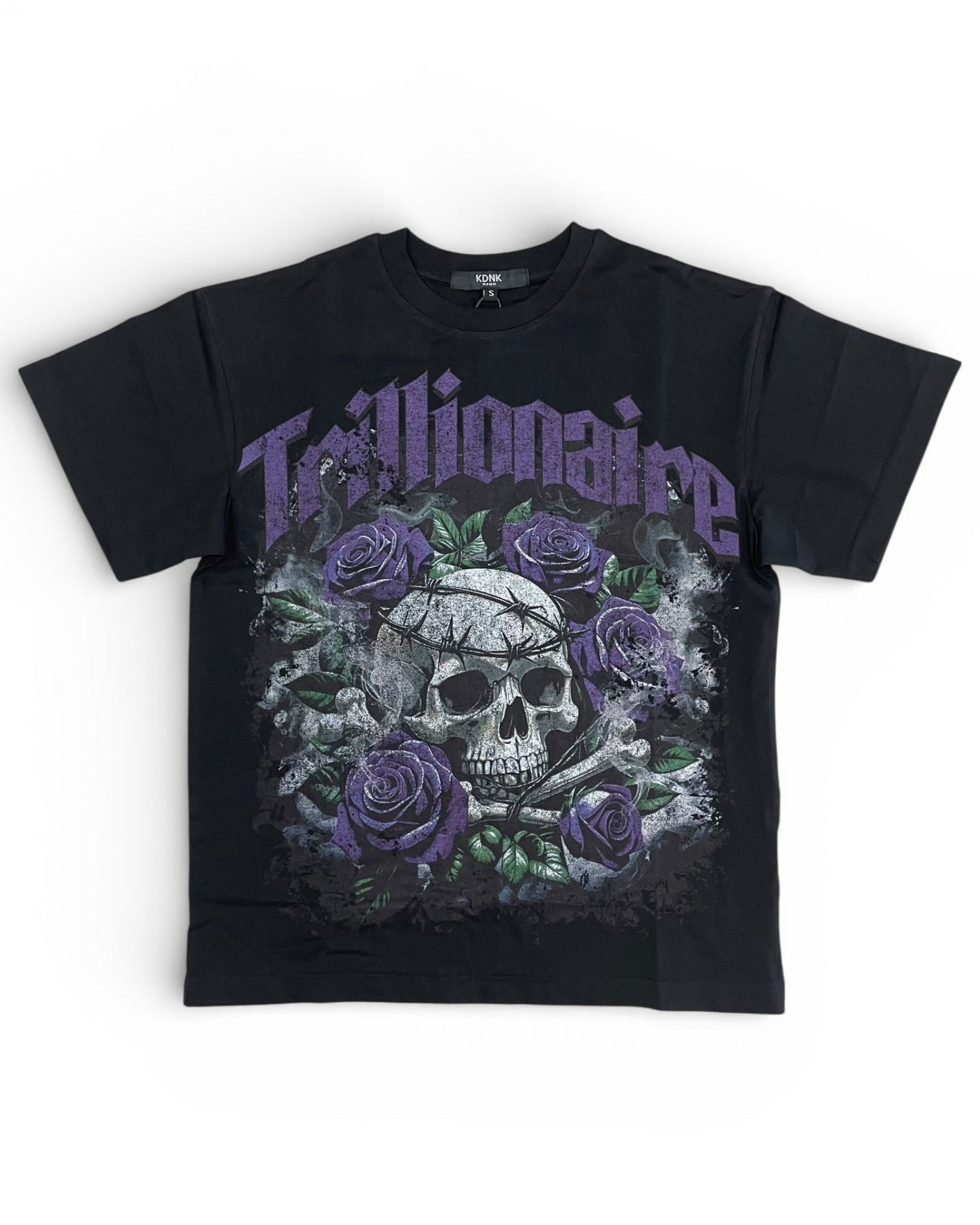 Black t-shirt with skull and roses design on a white background