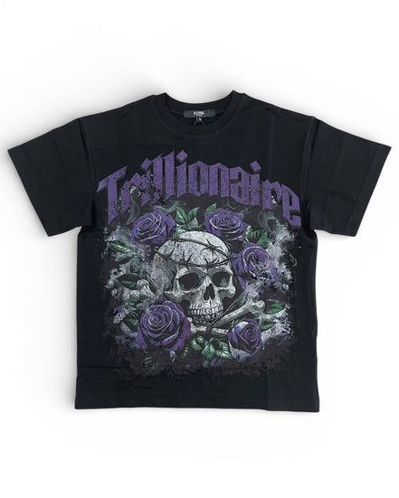Black t-shirt with skull and roses design on a white background