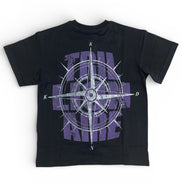Black t-shirt with purple compass design and text on a white background