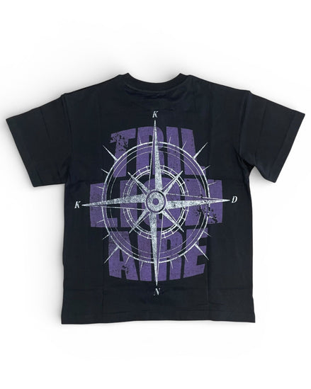 Black t-shirt with purple compass design and text on a white background