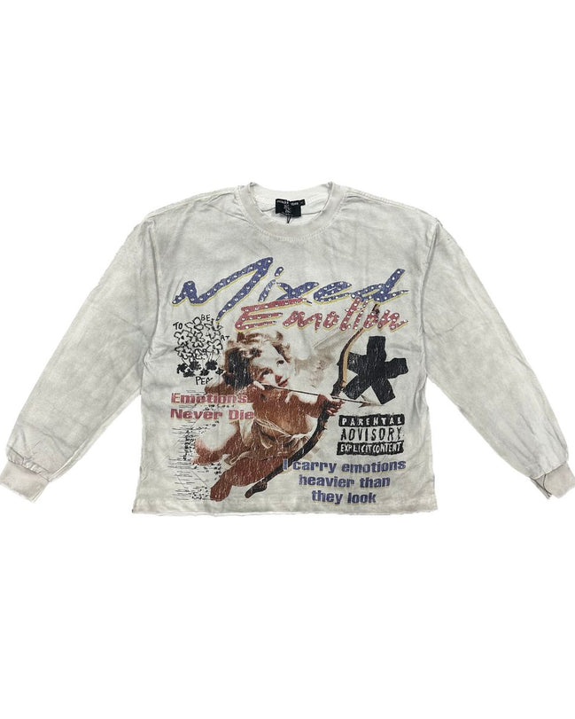 Light gray sweatshirt with graphic design and text on a white background