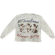 Gray sweatshirt with angel graphics and text on a white background
