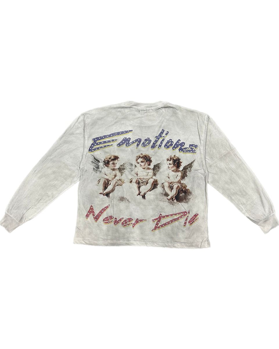 Gray sweatshirt with angel graphics and text on a white background