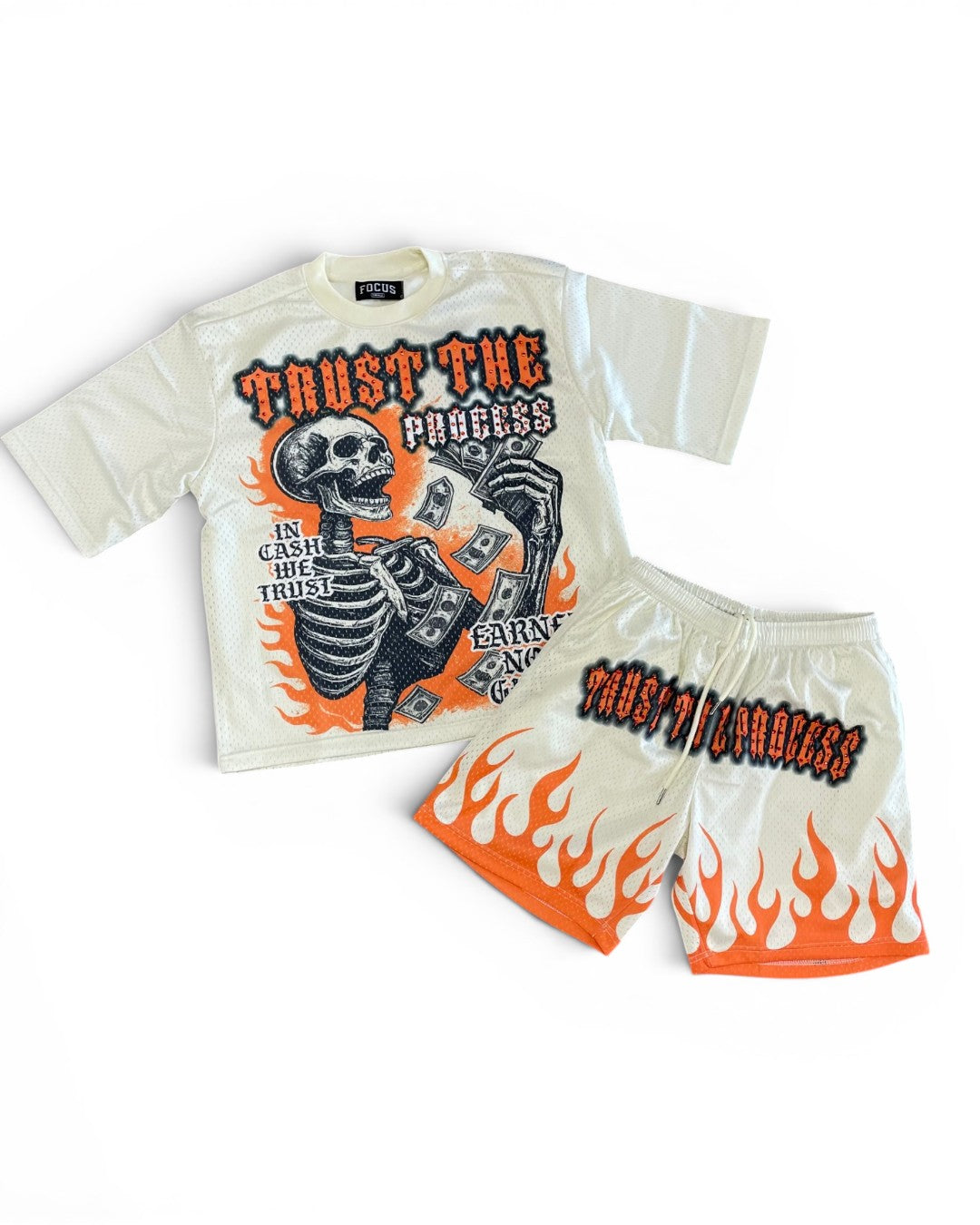 T-shirt and shorts set with skeleton design and 'Trust the Process' text on a white background